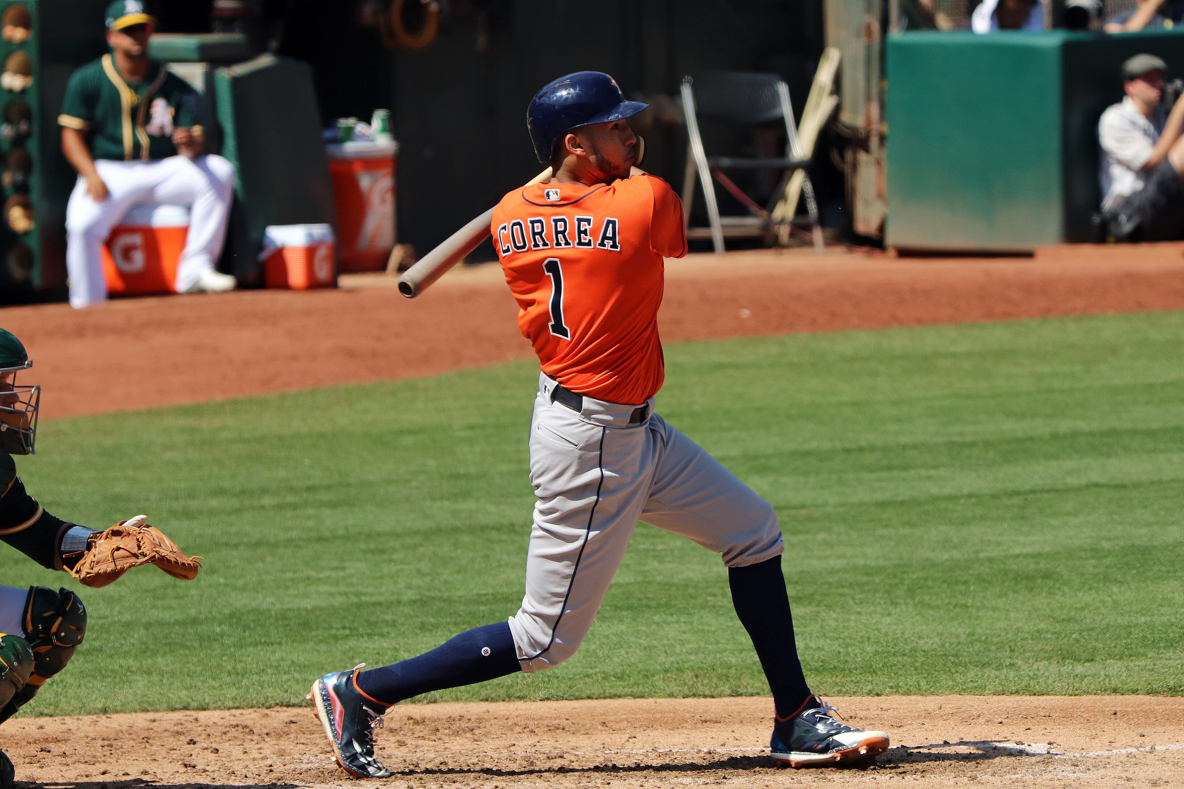 Carlos Correa swings a bat for the Houston Astros. Photo by Jeffrey Hayes.